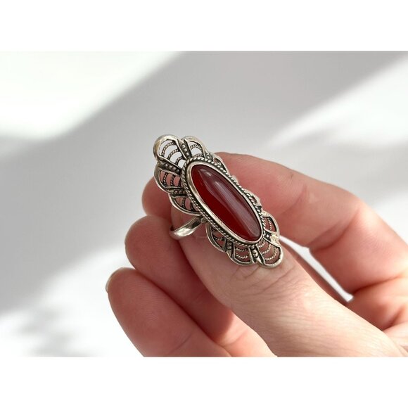 Carnelian Accented Southwest Scalloped 925 Sterling Silver Vintage Ring - sz 8 - Picture 5 of 12